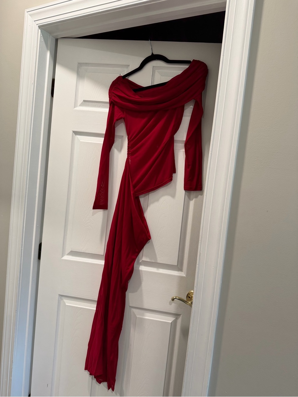 Red Off-Shoulder Draped Evening Gown